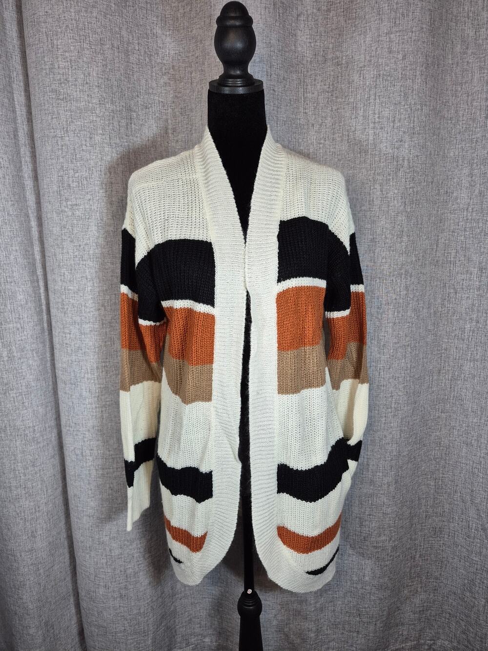 Kristin Nicole Colorblock Open Front Cardigan Sweater Women's Large Cream Rust